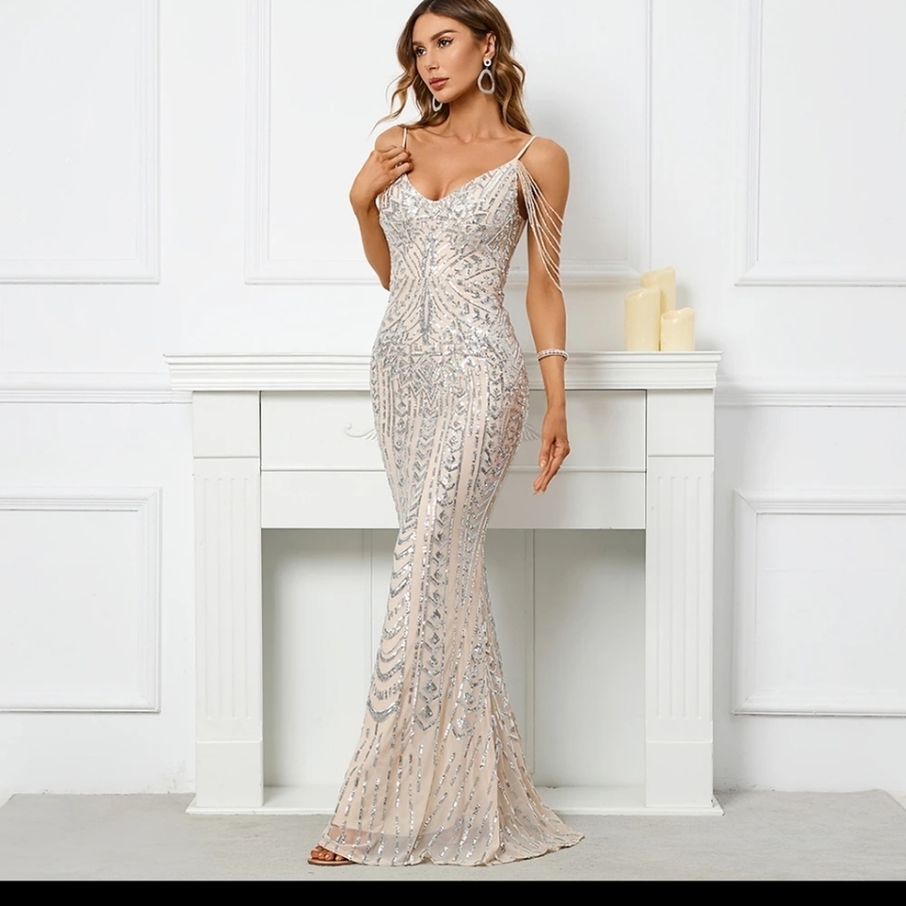 Silver, Backless, Cami,  Fringe Sleeves,  Contrast Sequined Mermaid Gown - Picture 3 of 16